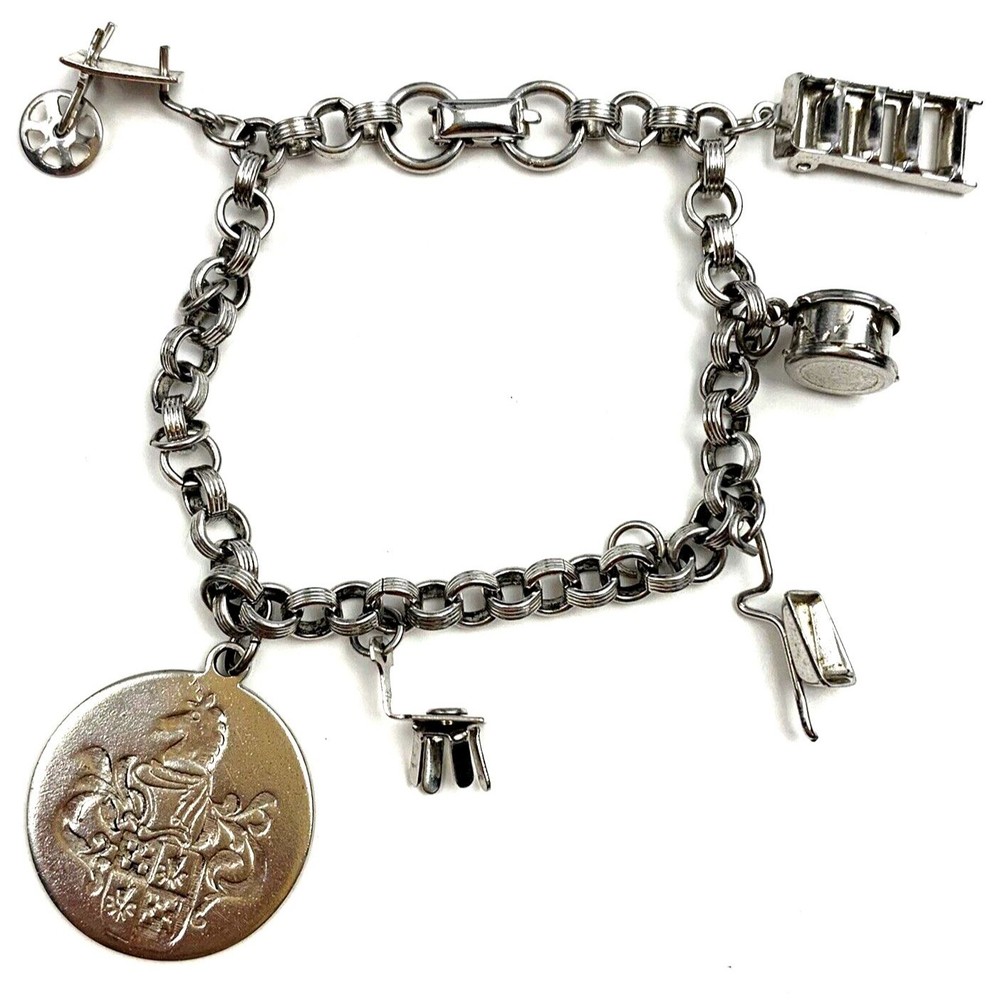 Coro Charm Bracelet Silver Tone Ladder Wheelbarrow Medallion Crest 7 In Vintage